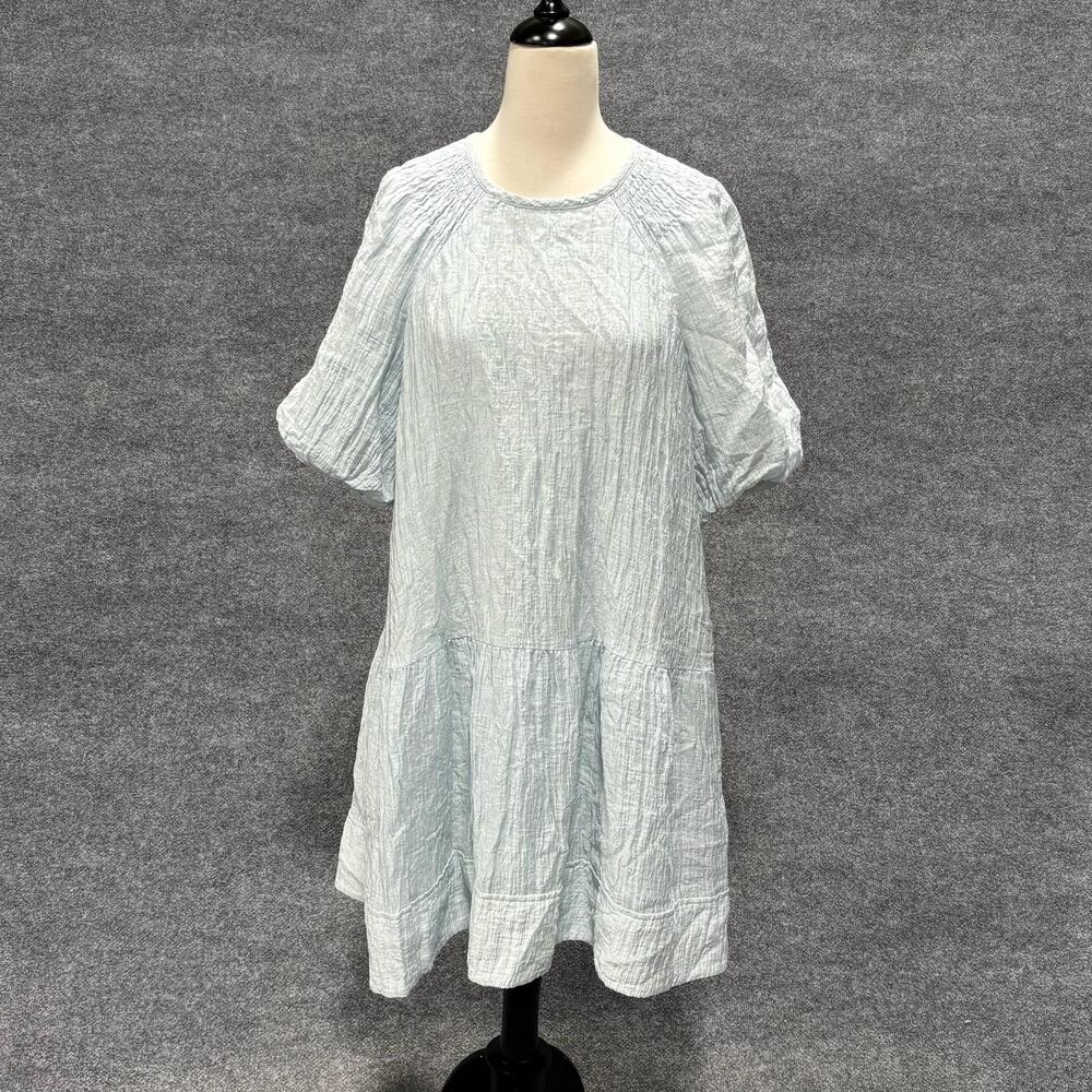 Club Monaco Dress Womens L Blue Crinkle Puff Sleeve Swing Knee Length Lined